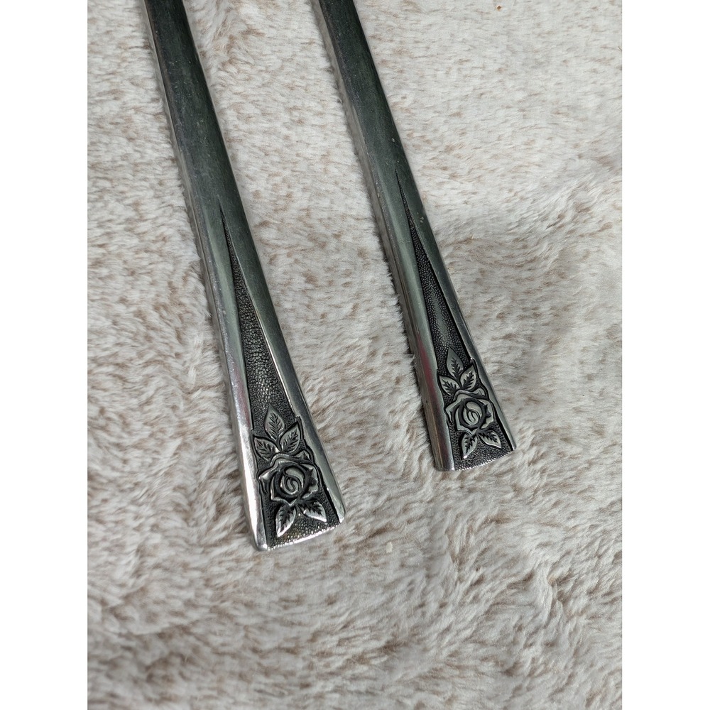 Vintage Korea Stainless Rose Floral Dinner Knives Set of‎ 2 Textured Handle MCM